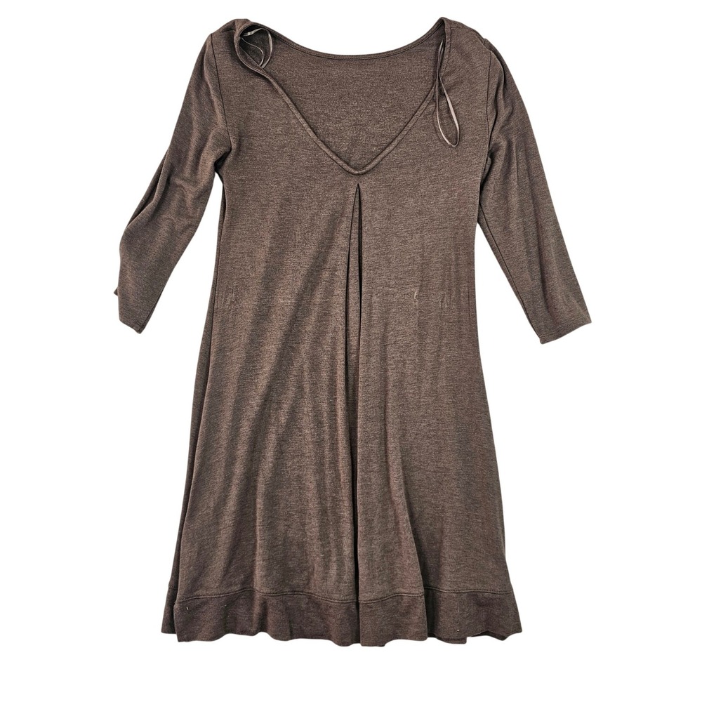 Cynthia Rowley Brown Knit V-Neck Mini Dress 3/4 Sleeve Pleated Back Womens Small